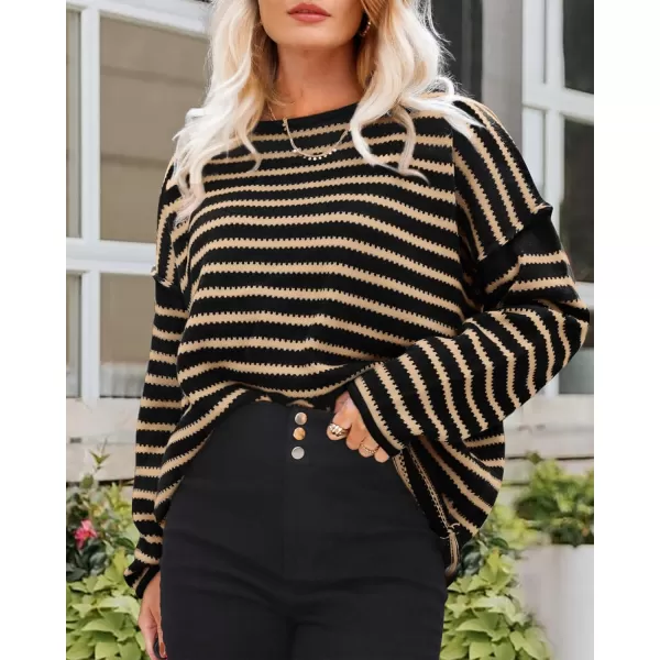 BTFBM Womens Striped Knit Sweaters 2024 Fall Winter Boat Neck Drop Shoulder Long Sleeve Loose Fit Casual Pullover TopsStriped Black Khaki