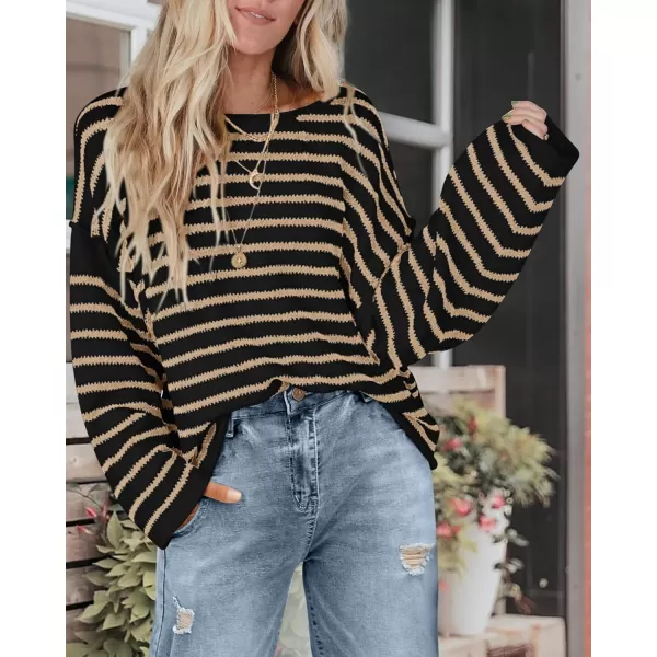 BTFBM Womens Striped Knit Sweaters 2024 Fall Winter Boat Neck Drop Shoulder Long Sleeve Loose Fit Casual Pullover TopsStriped Black Khaki
