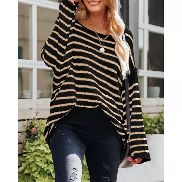 BTFBM Womens Striped Knit Sweaters 2024 Fall Winter Boat Neck Drop Shoulder Long Sleeve Loose Fit Casual Pullover TopsStriped Black Khaki