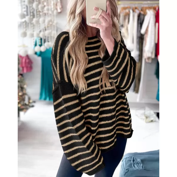 BTFBM Womens Striped Knit Sweaters 2024 Fall Winter Boat Neck Drop Shoulder Long Sleeve Loose Fit Casual Pullover TopsStriped Black Khaki