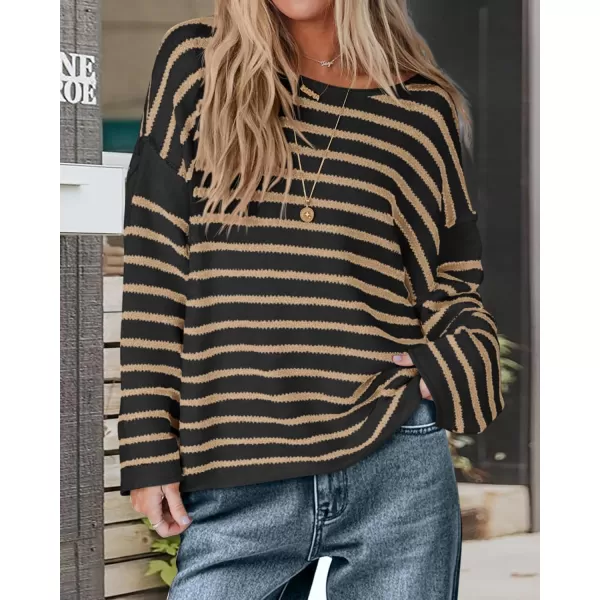 BTFBM Womens Striped Knit Sweaters 2024 Fall Winter Boat Neck Drop Shoulder Long Sleeve Loose Fit Casual Pullover TopsStriped Black Khaki