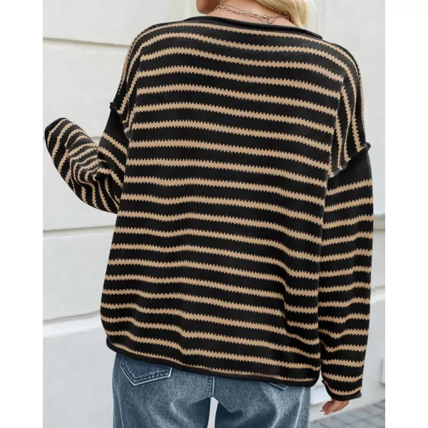 BTFBM Womens Striped Knit Sweaters 2024 Fall Winter Boat Neck Drop Shoulder Long Sleeve Loose Fit Casual Pullover TopsStriped Black Khaki