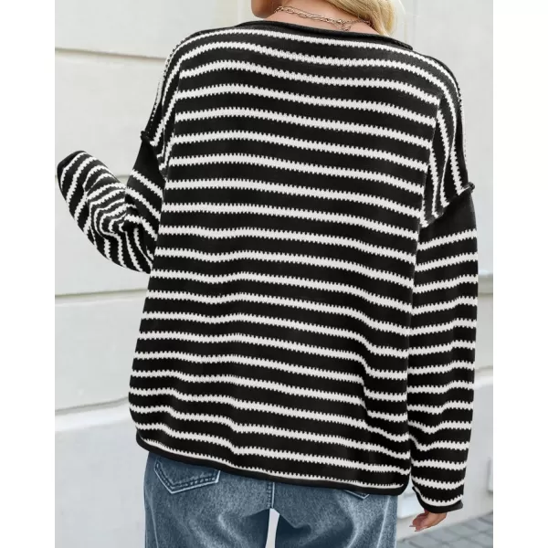 BTFBM Womens Striped Knit Sweaters 2024 Fall Winter Boat Neck Drop Shoulder Long Sleeve Loose Fit Casual Pullover TopsStriped Black White