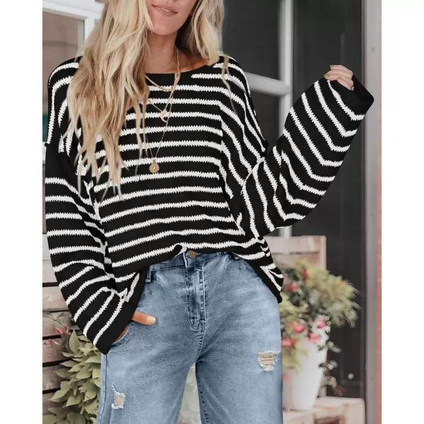 BTFBM Womens Striped Knit Sweaters 2024 Fall Winter Boat Neck Drop Shoulder Long Sleeve Loose Fit Casual Pullover TopsStriped Black White