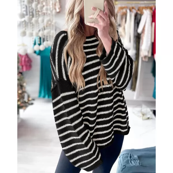 BTFBM Womens Striped Knit Sweaters 2024 Fall Winter Boat Neck Drop Shoulder Long Sleeve Loose Fit Casual Pullover TopsStriped Black White