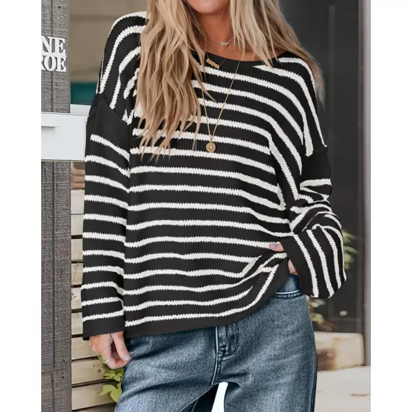 BTFBM Womens Striped Knit Sweaters 2024 Fall Winter Boat Neck Drop Shoulder Long Sleeve Loose Fit Casual Pullover TopsStriped Black White