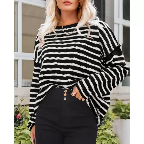 BTFBM Womens Striped Knit Sweaters 2024 Fall Winter Boat Neck Drop Shoulder Long Sleeve Loose Fit Casual Pullover TopsStriped Black White