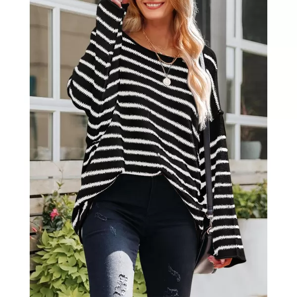 BTFBM Womens Striped Knit Sweaters 2024 Fall Winter Boat Neck Drop Shoulder Long Sleeve Loose Fit Casual Pullover TopsStriped Black White
