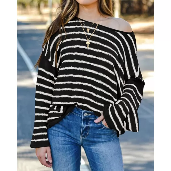 BTFBM Womens Striped Knit Sweaters 2024 Fall Winter Boat Neck Drop Shoulder Long Sleeve Loose Fit Casual Pullover TopsStriped Black White