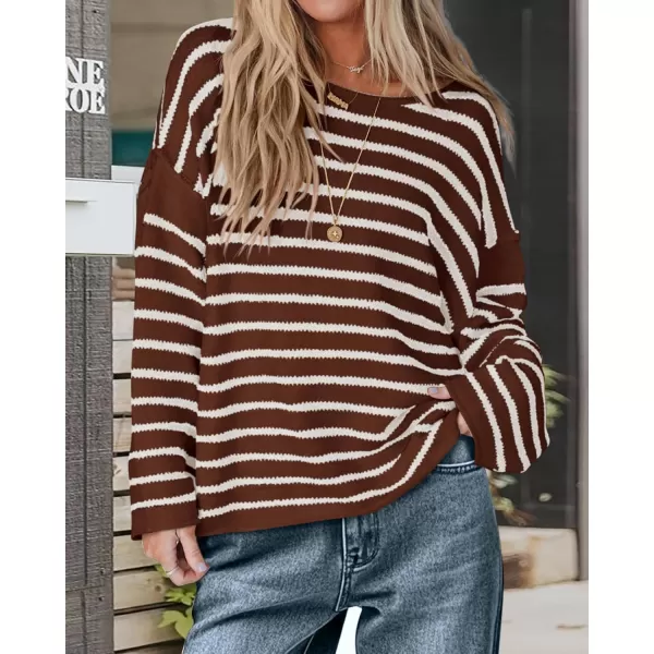 BTFBM Womens Striped Knit Sweaters 2024 Fall Winter Boat Neck Drop Shoulder Long Sleeve Loose Fit Casual Pullover TopsStriped Coffee White