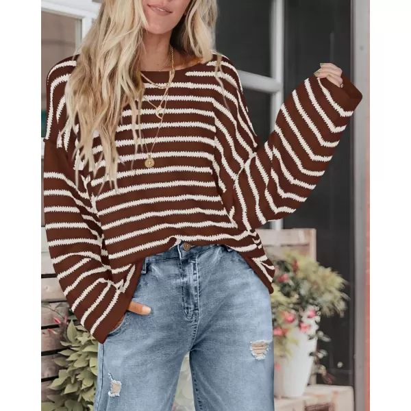 BTFBM Womens Striped Knit Sweaters 2024 Fall Winter Boat Neck Drop Shoulder Long Sleeve Loose Fit Casual Pullover TopsStriped Coffee White