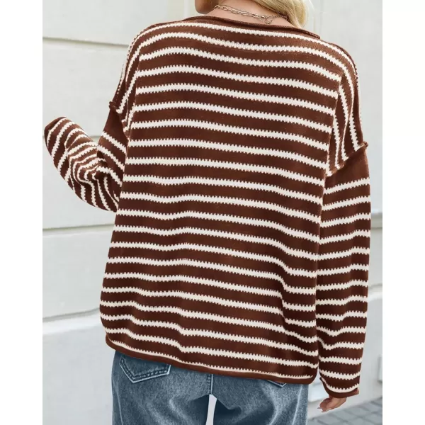BTFBM Womens Striped Knit Sweaters 2024 Fall Winter Boat Neck Drop Shoulder Long Sleeve Loose Fit Casual Pullover TopsStriped Coffee White