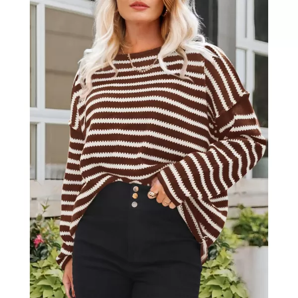 BTFBM Womens Striped Knit Sweaters 2024 Fall Winter Boat Neck Drop Shoulder Long Sleeve Loose Fit Casual Pullover TopsStriped Coffee White