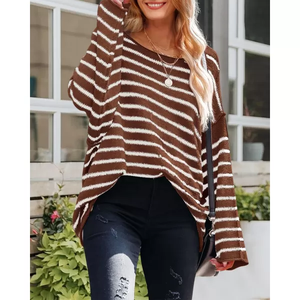 BTFBM Womens Striped Knit Sweaters 2024 Fall Winter Boat Neck Drop Shoulder Long Sleeve Loose Fit Casual Pullover TopsStriped Coffee White
