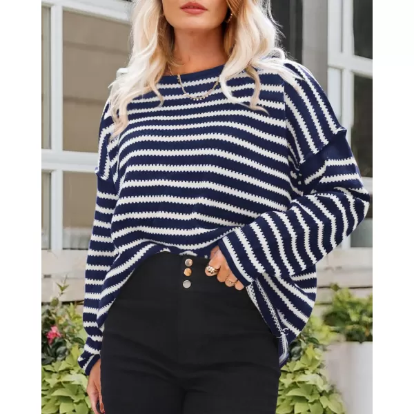 BTFBM Womens Striped Knit Sweaters 2024 Fall Winter Boat Neck Drop Shoulder Long Sleeve Loose Fit Casual Pullover TopsStriped Navy White