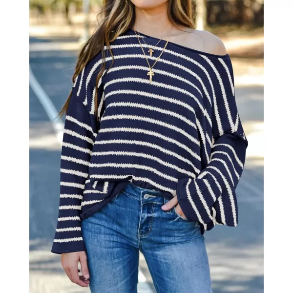 BTFBM Womens Striped Knit Sweaters 2024 Fall Winter Boat Neck Drop Shoulder Long Sleeve Loose Fit Casual Pullover TopsStriped Navy White