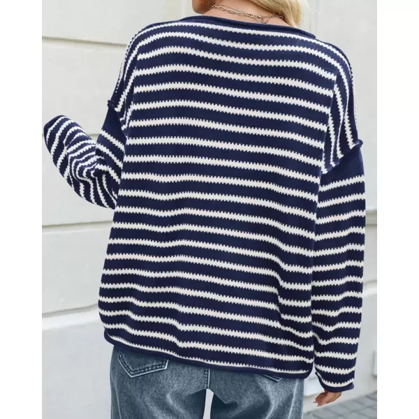 BTFBM Womens Striped Knit Sweaters 2024 Fall Winter Boat Neck Drop Shoulder Long Sleeve Loose Fit Casual Pullover TopsStriped Navy White