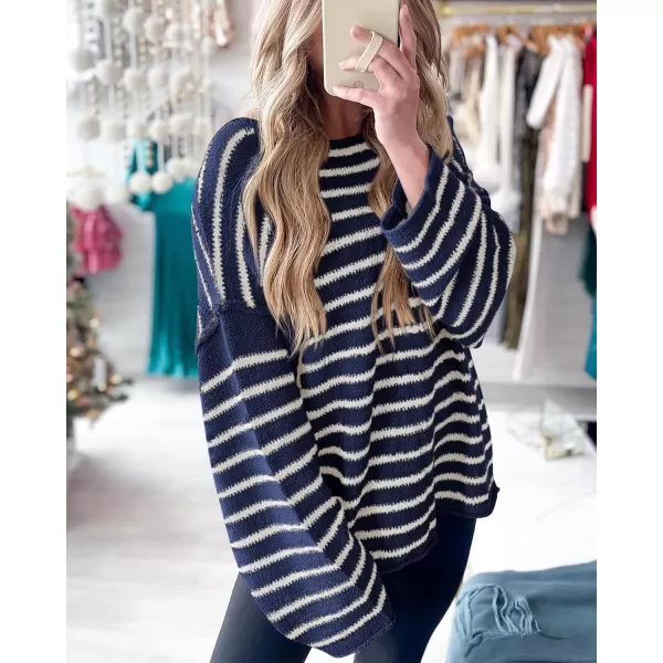 BTFBM Womens Striped Knit Sweaters 2024 Fall Winter Boat Neck Drop Shoulder Long Sleeve Loose Fit Casual Pullover TopsStriped Navy White