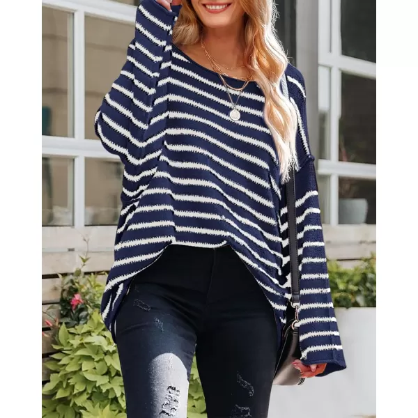 BTFBM Womens Striped Knit Sweaters 2024 Fall Winter Boat Neck Drop Shoulder Long Sleeve Loose Fit Casual Pullover TopsStriped Navy White