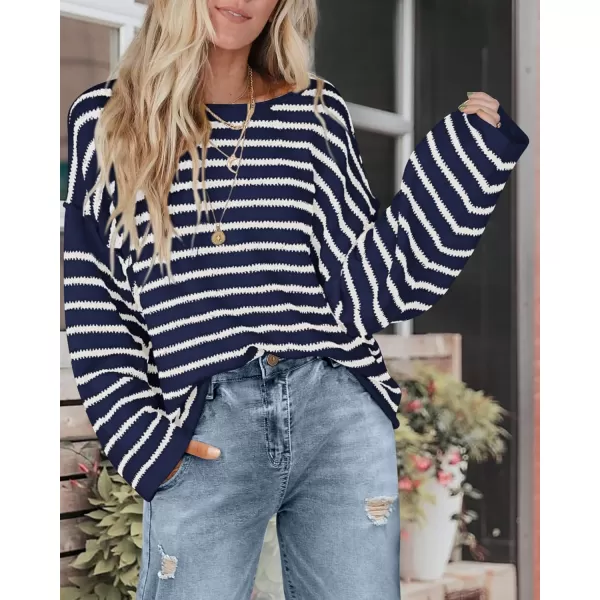 BTFBM Womens Striped Knit Sweaters 2024 Fall Winter Boat Neck Drop Shoulder Long Sleeve Loose Fit Casual Pullover TopsStriped Navy White