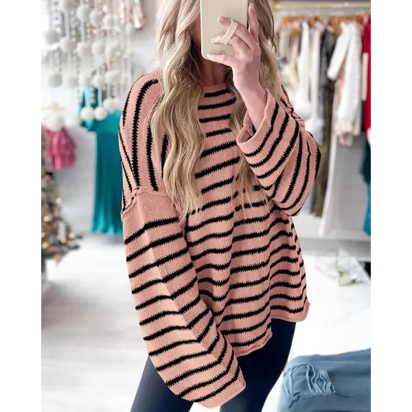 BTFBM Womens Striped Knit Sweaters 2024 Fall Winter Boat Neck Drop Shoulder Long Sleeve Loose Fit Casual Pullover TopsStriped Pink Black