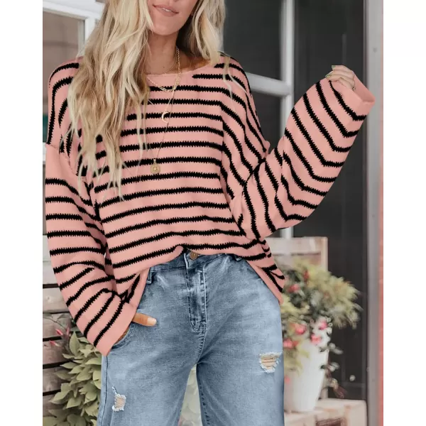 BTFBM Womens Striped Knit Sweaters 2024 Fall Winter Boat Neck Drop Shoulder Long Sleeve Loose Fit Casual Pullover TopsStriped Pink Black