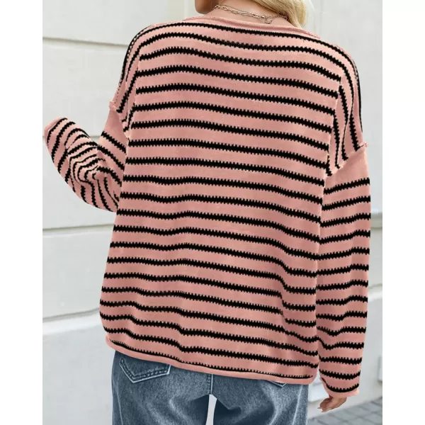 BTFBM Womens Striped Knit Sweaters 2024 Fall Winter Boat Neck Drop Shoulder Long Sleeve Loose Fit Casual Pullover TopsStriped Pink Black