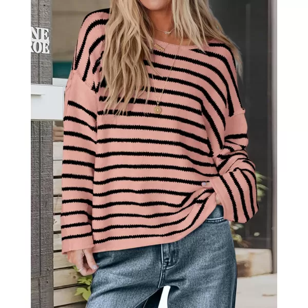 BTFBM Womens Striped Knit Sweaters 2024 Fall Winter Boat Neck Drop Shoulder Long Sleeve Loose Fit Casual Pullover TopsStriped Pink Black