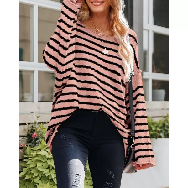 BTFBM Womens Striped Knit Sweaters 2024 Fall Winter Boat Neck Drop Shoulder Long Sleeve Loose Fit Casual Pullover TopsStriped Pink Black