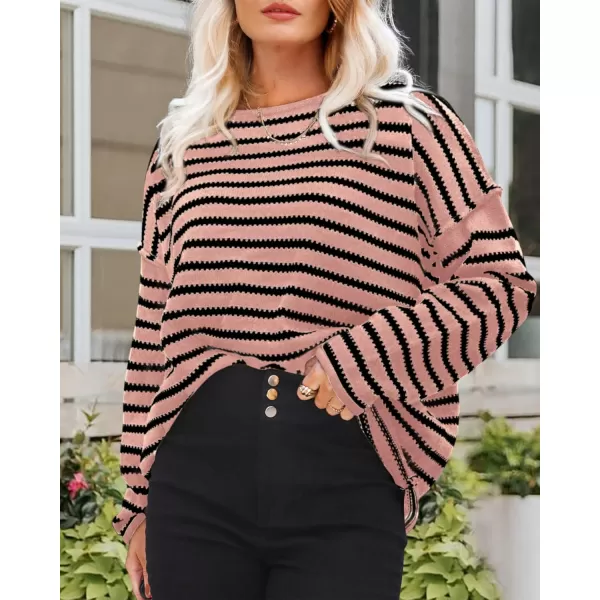 BTFBM Womens Striped Knit Sweaters 2024 Fall Winter Boat Neck Drop Shoulder Long Sleeve Loose Fit Casual Pullover TopsStriped Pink Black
