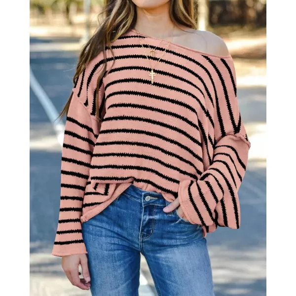 BTFBM Womens Striped Knit Sweaters 2024 Fall Winter Boat Neck Drop Shoulder Long Sleeve Loose Fit Casual Pullover TopsStriped Pink Black