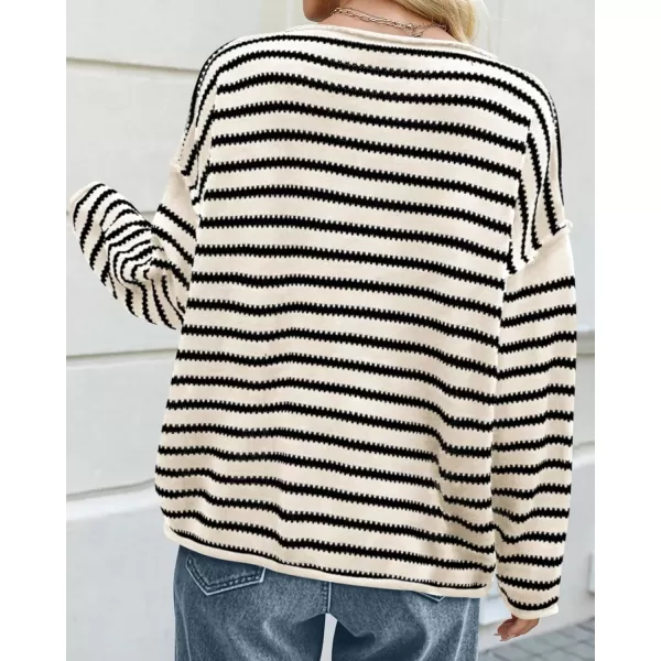 BTFBM Womens Striped Knit Sweaters 2024 Fall Winter Boat Neck Drop Shoulder Long Sleeve Loose Fit Casual Pullover TopsStriped White Black