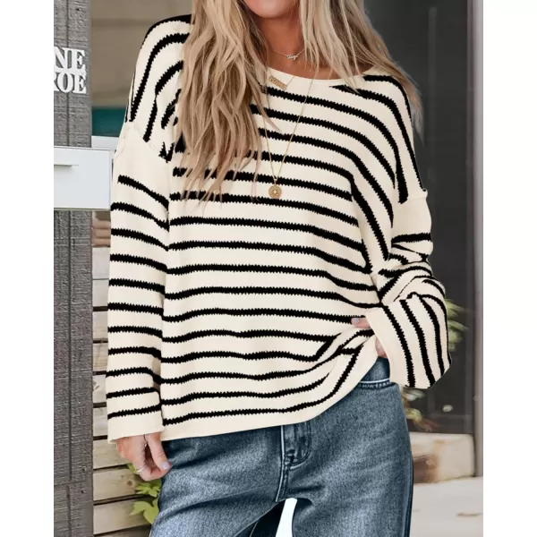 BTFBM Womens Striped Knit Sweaters 2024 Fall Winter Boat Neck Drop Shoulder Long Sleeve Loose Fit Casual Pullover TopsStriped White Black