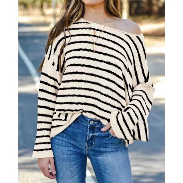 BTFBM Womens Striped Knit Sweaters 2024 Fall Winter Boat Neck Drop Shoulder Long Sleeve Loose Fit Casual Pullover TopsStriped White Black