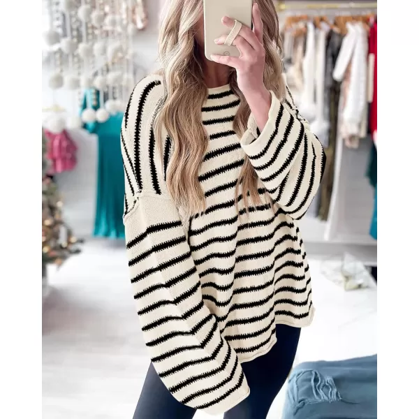 BTFBM Womens Striped Knit Sweaters 2024 Fall Winter Boat Neck Drop Shoulder Long Sleeve Loose Fit Casual Pullover TopsStriped White Black