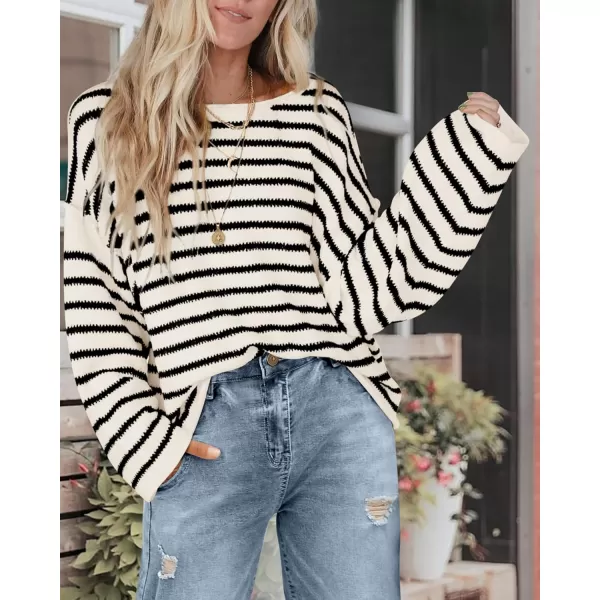BTFBM Womens Striped Knit Sweaters 2024 Fall Winter Boat Neck Drop Shoulder Long Sleeve Loose Fit Casual Pullover TopsStriped White Black