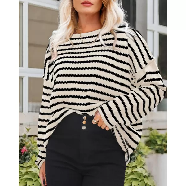 BTFBM Womens Striped Knit Sweaters 2024 Fall Winter Boat Neck Drop Shoulder Long Sleeve Loose Fit Casual Pullover TopsStriped White Black