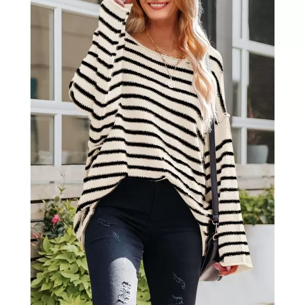 BTFBM Womens Striped Knit Sweaters 2024 Fall Winter Boat Neck Drop Shoulder Long Sleeve Loose Fit Casual Pullover TopsStriped White Black