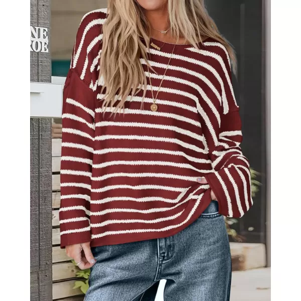 BTFBM Womens Striped Knit Sweaters 2024 Fall Winter Boat Neck Drop Shoulder Long Sleeve Loose Fit Casual Pullover TopsStriped Wine Red White