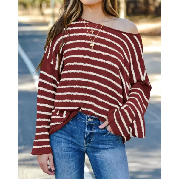 BTFBM Womens Striped Knit Sweaters 2024 Fall Winter Boat Neck Drop Shoulder Long Sleeve Loose Fit Casual Pullover TopsStriped Wine Red White