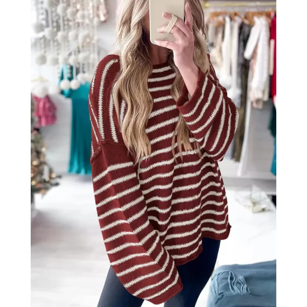 BTFBM Womens Striped Knit Sweaters 2024 Fall Winter Boat Neck Drop Shoulder Long Sleeve Loose Fit Casual Pullover TopsStriped Wine Red White