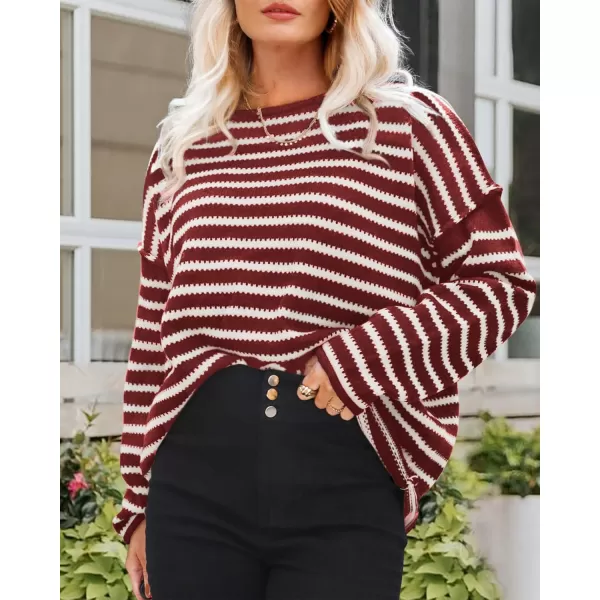 BTFBM Womens Striped Knit Sweaters 2024 Fall Winter Boat Neck Drop Shoulder Long Sleeve Loose Fit Casual Pullover TopsStriped Wine Red White