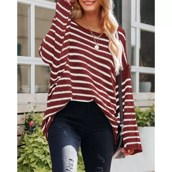 BTFBM Womens Striped Knit Sweaters 2024 Fall Winter Boat Neck Drop Shoulder Long Sleeve Loose Fit Casual Pullover TopsStriped Wine Red White