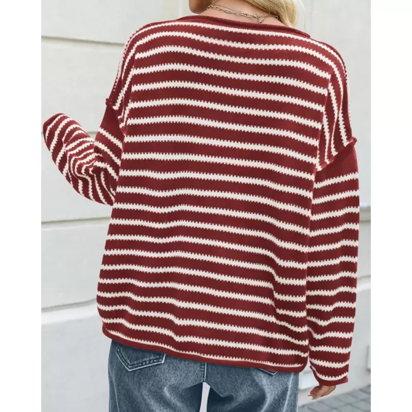 BTFBM Womens Striped Knit Sweaters 2024 Fall Winter Boat Neck Drop Shoulder Long Sleeve Loose Fit Casual Pullover TopsStriped Wine Red White