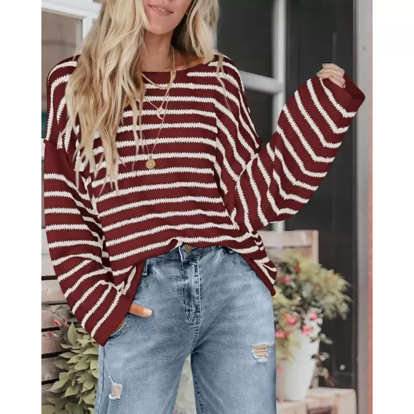 BTFBM Womens Striped Knit Sweaters 2024 Fall Winter Boat Neck Drop Shoulder Long Sleeve Loose Fit Casual Pullover TopsStriped Wine Red White