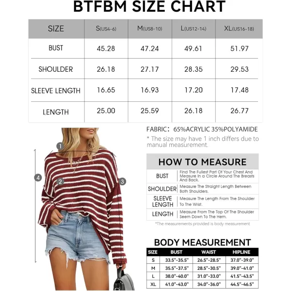 BTFBM Womens Striped Knit Sweaters 2024 Fall Winter Boat Neck Drop Shoulder Long Sleeve Loose Fit Casual Pullover TopsStriped Wine Red White