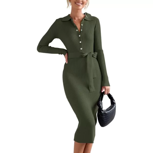 BTFBM 2024 Women V Neck Long Sleeve Bodycon Sweater Dress Button Up Tie Waist Ribbed Knit Midi Pencil Dresses with BeltSolid Army Green