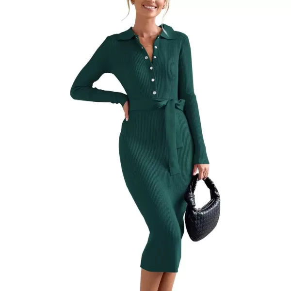 BTFBM 2024 Women V Neck Long Sleeve Bodycon Sweater Dress Button Up Tie Waist Ribbed Knit Midi Pencil Dresses with BeltSolid Green