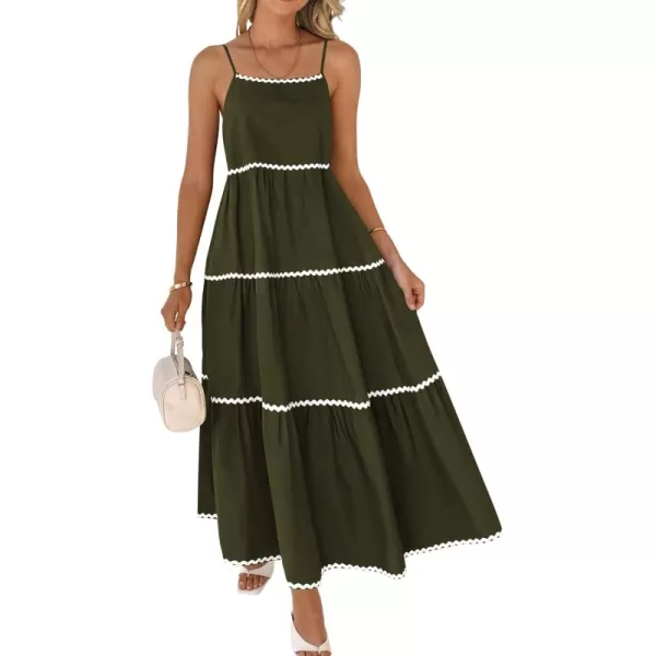 BTFBM Boho Summer Dresses 2024 Vacation Spaghetti Strap Backless RIC Rac Trim Tiered ALine Long Casual Swing SundressSolid Army Green