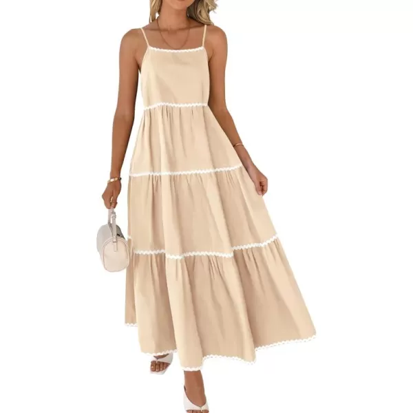 BTFBM Boho Summer Dresses 2024 Vacation Spaghetti Strap Backless RIC Rac Trim Tiered ALine Long Casual Swing SundressSolid Beige